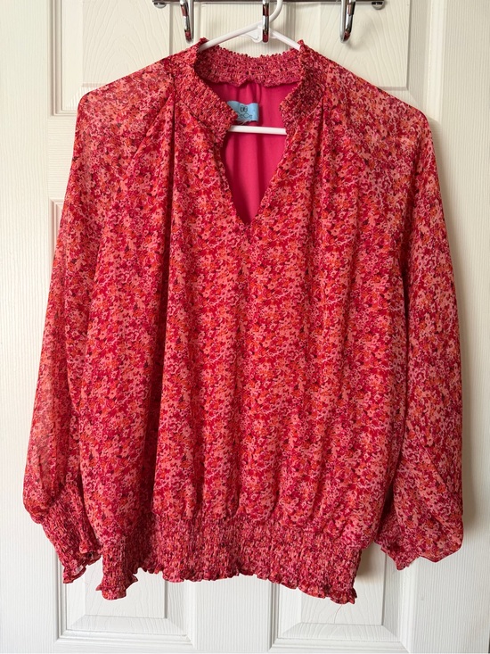 CeCe Tops - CeCe Pink Multi Floral Smocked-Hem V-Neck Blouse